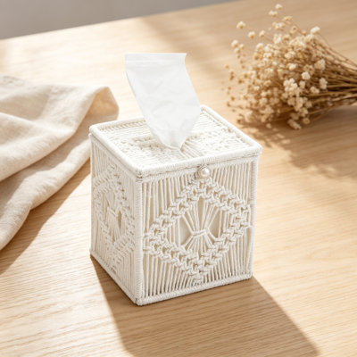 Macrame Tissue Box Cover 6 Pack, Square Boho Decor Tissue Holder, Handmade Woven Cotton Rope Organizer with Open Bottom for Bedroom, Bathroom, Living Room, Office - Ivory