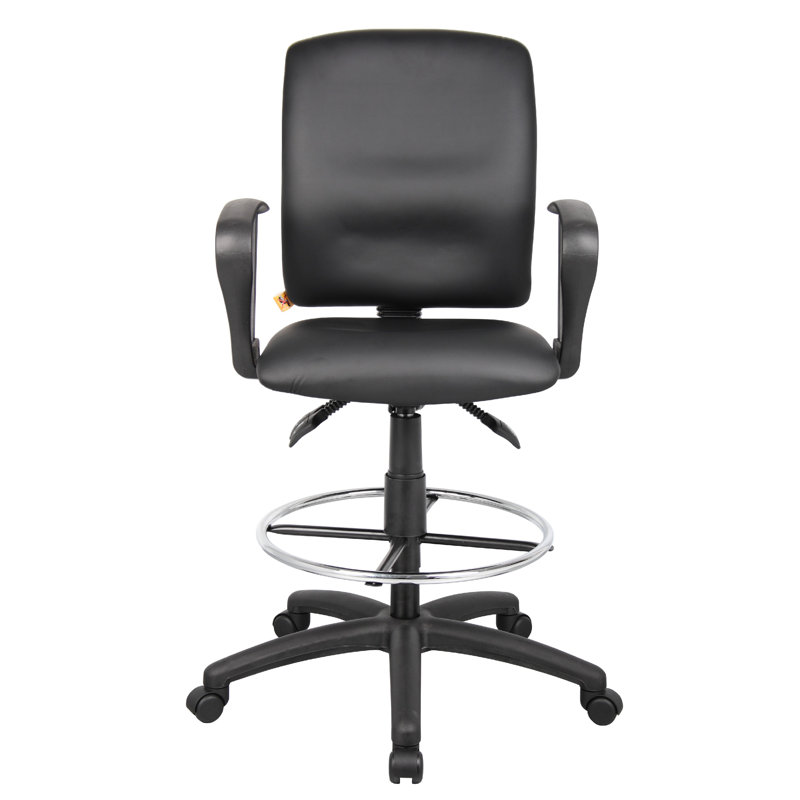 Reza Rolling Drafting Armchair, Footring, Black Faux Leather, Swivel