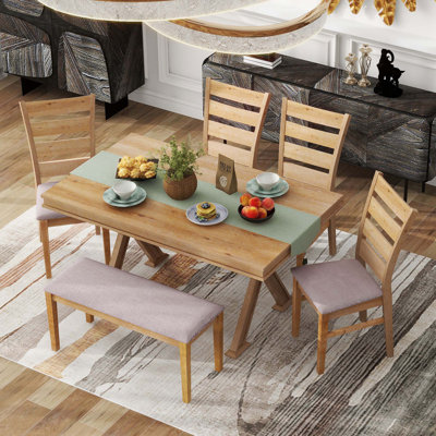 6-Piece Retro 59""L Rectangular Dining Table Set, Table With Unique Legs And 4 Upholstered Chairs & 1 Bench For Dining Room And Kitchen -  Red Barrel StudioÂ®, 4CA82369F71B42B7B0648B165E23E0BD