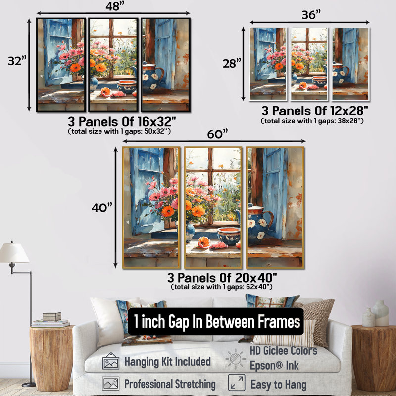 Orange et bleu Boho Pottery Farmhouse Charm - ensemble d'art mural Boho Pottery, Toile avec cadre flottant brun