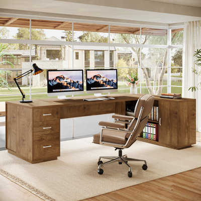 85.8-Inch L-Shaped Executive Office Desk with File Drawers & Storage Cabinet, Professional Corner Computer Desk Extra Large Business Workstation with Adjustable Shelves, Light Brown
