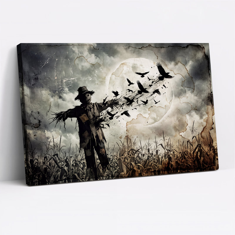 Sépia épouvantail se transformant en corbeaux, art mural d'Halloween, 36"H x 48"W