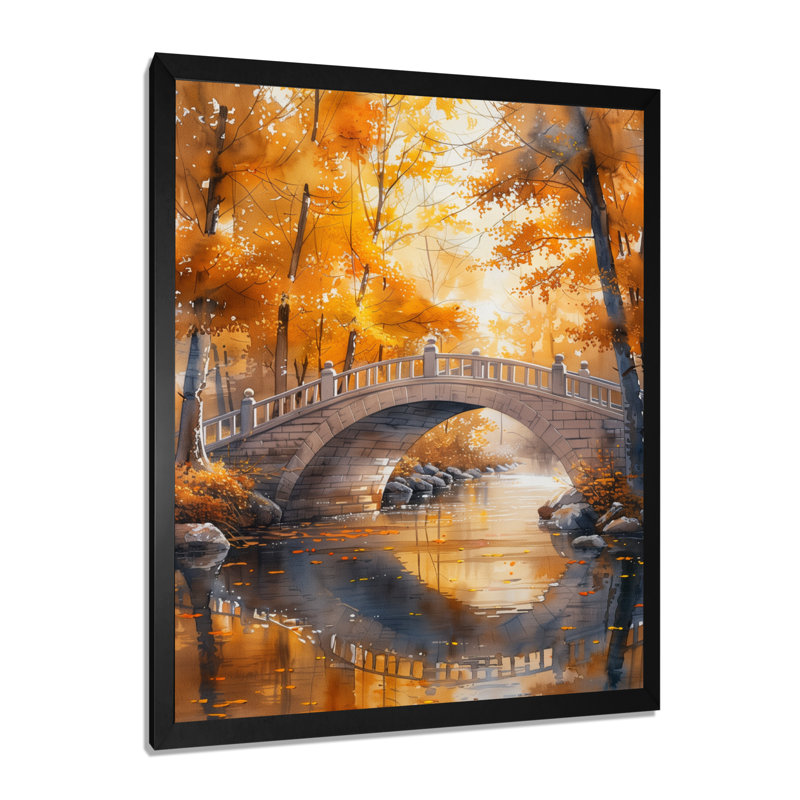 Jaune et beige, automne, rivière de beauté, pont V, Cadre simple noir, H 16 po x l 32 po