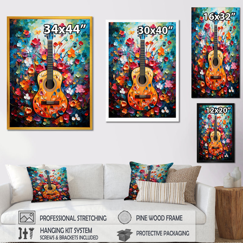 «Green Foral Harmony» - art mural musique, Cadre photo noir, H 20 po x l 12 po x P 1 po