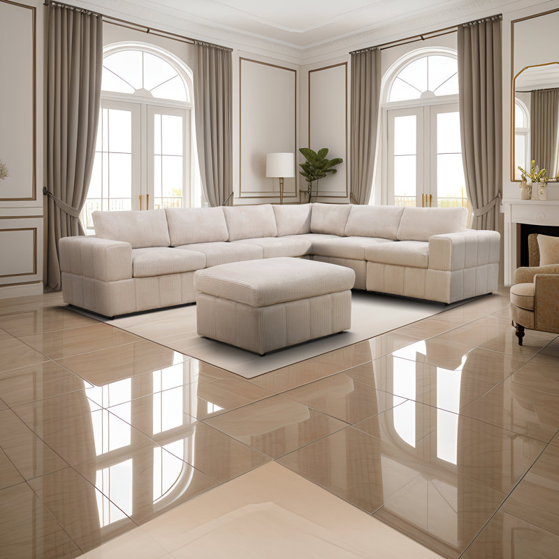 Otbert 7 - Piece Upholstered Sectional, Beige Corduroy