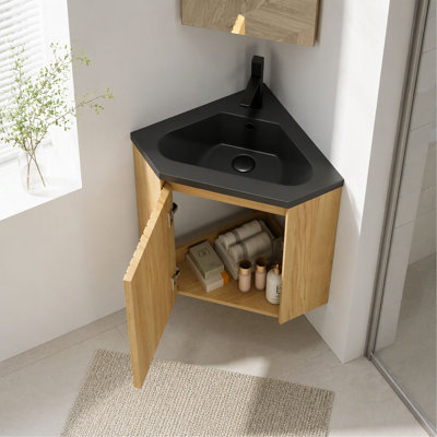 Meuble-lavabo mural flottant et lavabo, 22 po, contreplaqué à rayures triangulaires, une porte, lavabo en résine noire, en coin, naturel