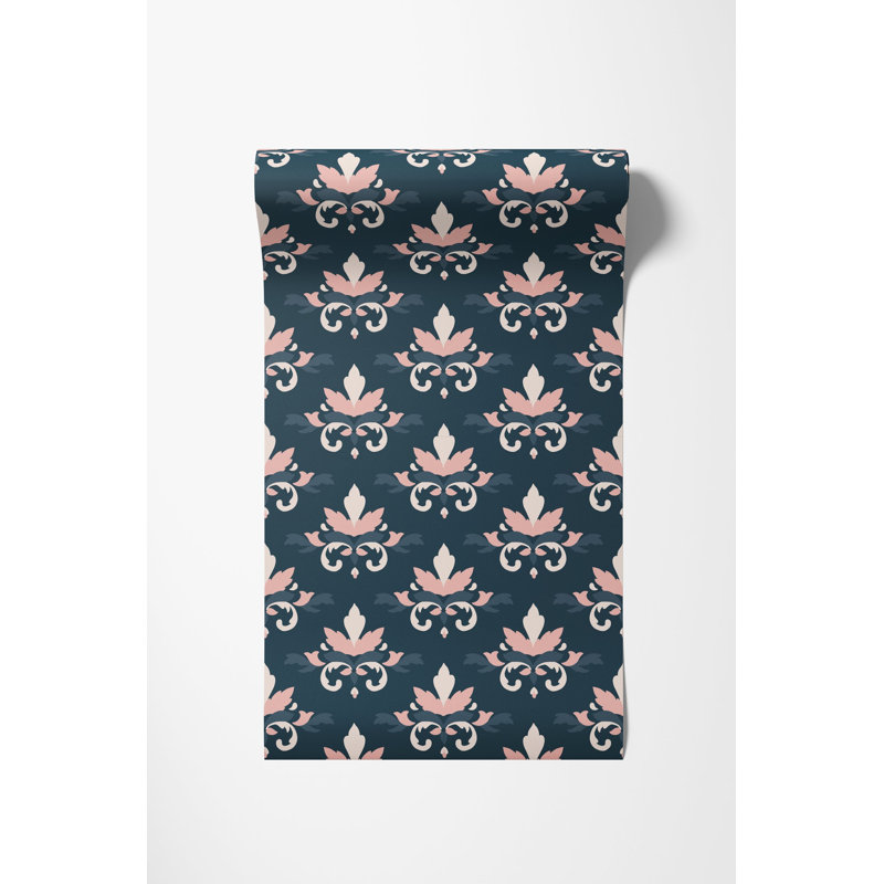 Papier peint damassé rose et bleu marine, H 225 po x l 25 po, vinyle autocollant, 225 po H, Vinyle peler et coller