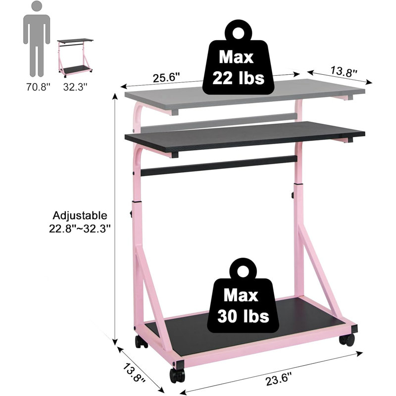 Support d'ordinateur avec roulettes verrouillables, support pour unité centrale de traitement à hauteur réglable, support pour ordinateur portable à 2 niveaux pour le bureau personnel, les jeux et le poste de travail