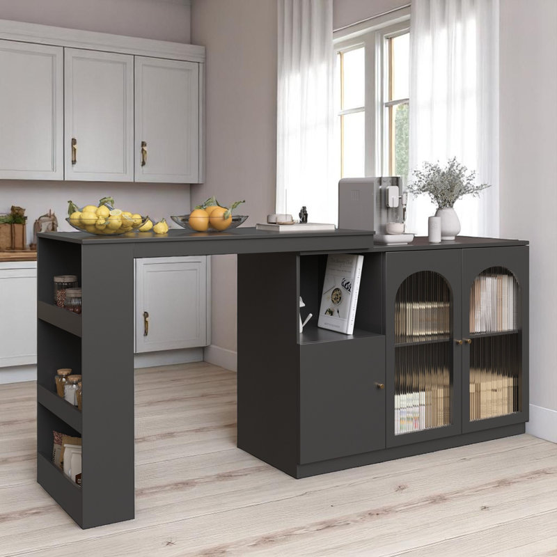 360° Rotating Bar Table Multifunctional Storage Cabinet With Glass Door, Black