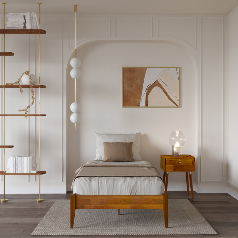 Lit plateforme en bois massif sans tête de lit Finney, Simple, Caramel