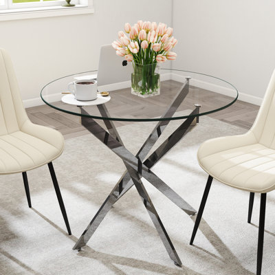 Table de salle à manger moderne avec plateau en verre, table de salle à manger en métal avec pieds croisés