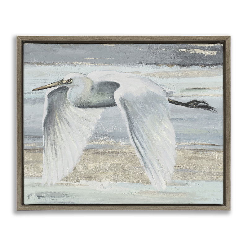 Egret Soaring over Beach Grey Framed Floater Canvas Wall Art, design by PATRICIA PINTO, 25" H x 31" W