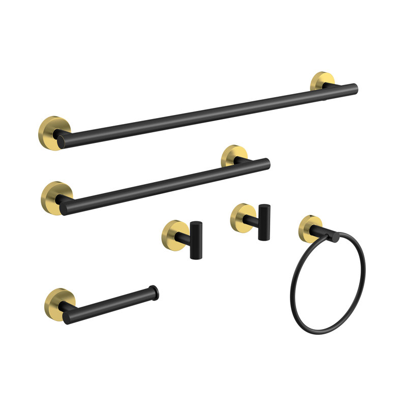 Bathroom Hardware Set 6-Piece Bath Hardware Set With Towel Bar, Towel Ring, Robe Hook, Toilet Paper Holder, Gold/Black