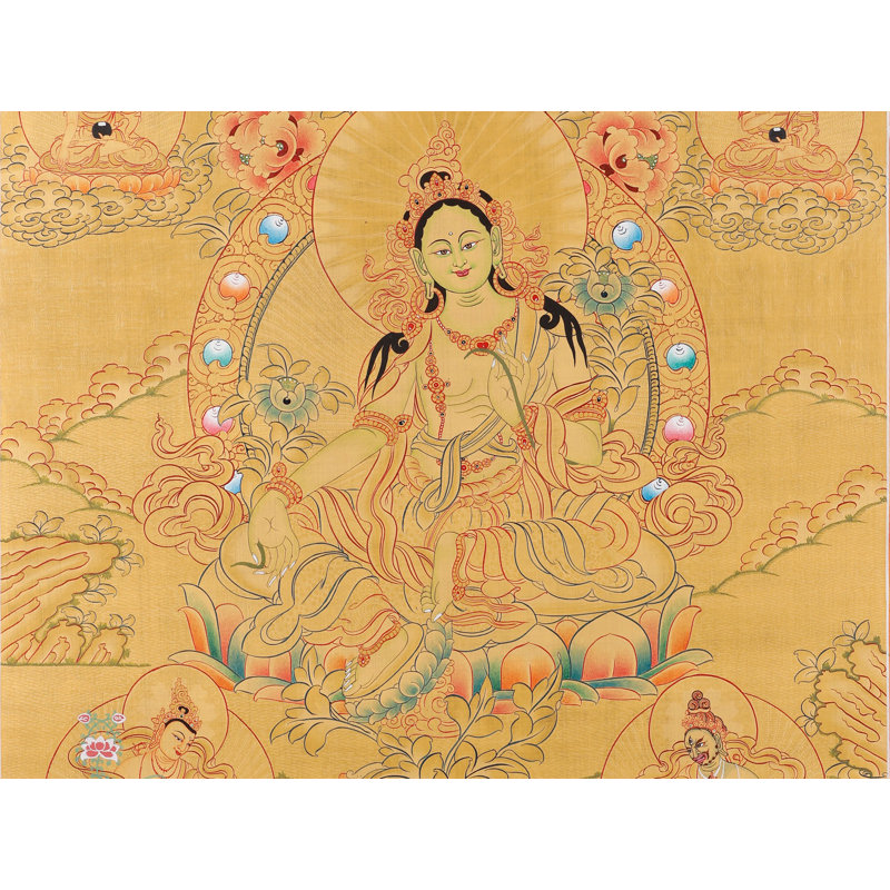 Thangka «Swift Compassion» peint à la main - H 27,6 po x l 18,9 po, art mural tibétain vert avec feuille d'or véritable 24 carats pour les studios de yoga et décoration intérieure paisible