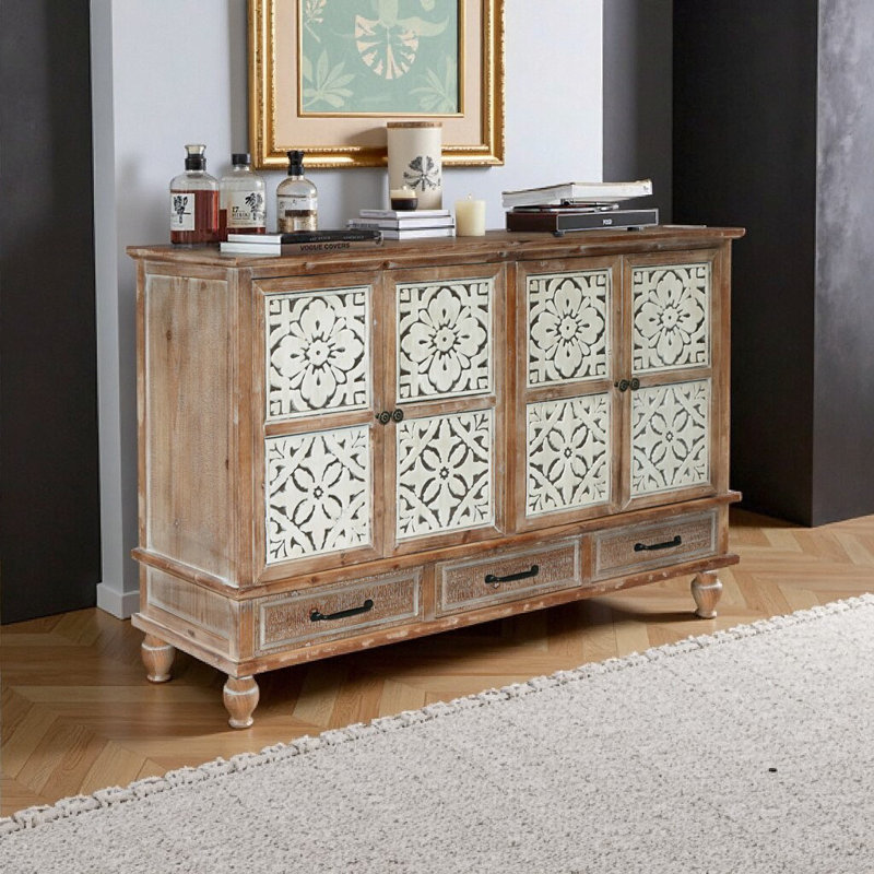 Distressed Natural Wood Sideboard Buffet Cabinet with 4 Doors & 3 Drawers - Adjustable Shelves, Easy Assembly, for Living Room, Dining, or Kitchen