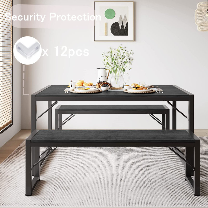 Ensemble de table de salle à manger 45,5 "pour 4 personnes avec 2 bancs, structure en métal et panneau de fibres à densité moyenne