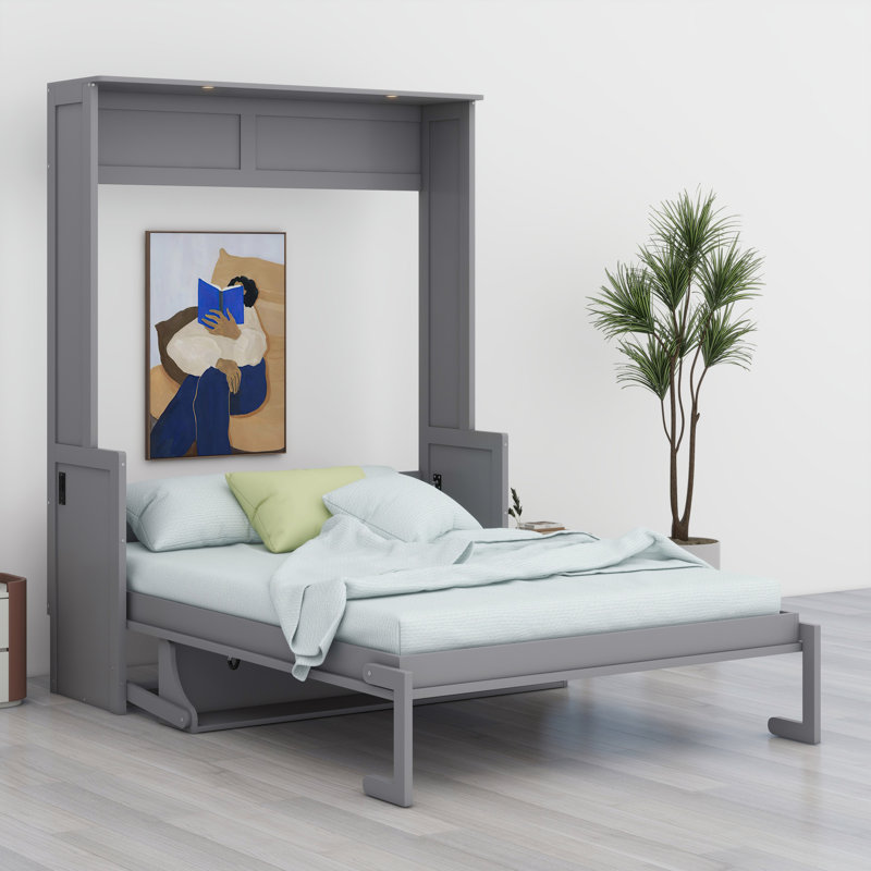 Lit escamotable avec bureau, lumières DEL et station de charge USB, Gris