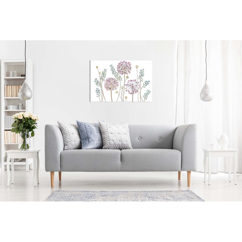 Pastel Pink Flower And Green Seed Pods - Wrapped Canvas Painting, 20cm H x 31cm W