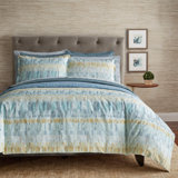 Ensemble d'édredon réversible 3 pièces en coton bleu / ocre