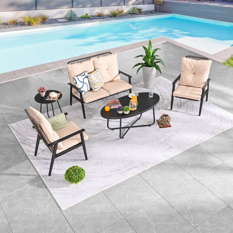 Ensemble de conversation avec canapé et coussins 5 pièces, Beige