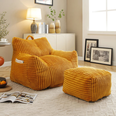 Fauteuil à billes géant avec repose-pieds, fauteuil jaune pour divers espaces, mousse rembourrée et rembourrée, velours côtelé, méridienne ergonomique pour jouer et lire, matériau en velours côtelé,