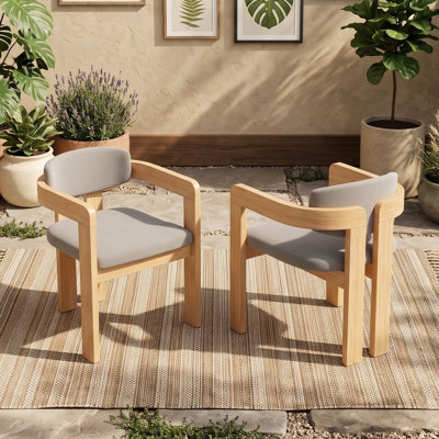 Ensemble de 2 chaises longues d'extérieur avec coussins, structure en bois massif, dossier incurvé et pieds réglables