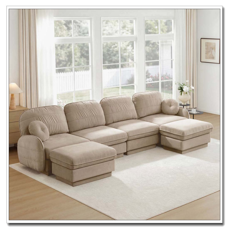 Canapé en chenille Cloud, siège profond avec repose-pieds mobile, Café léger + 4 sièges + 2 chaises