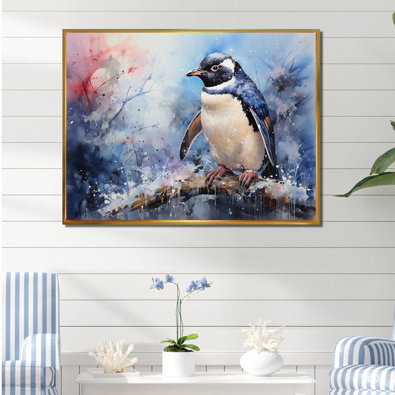 «Snowy Penguin Wonders» sur impression sur toile, Cadre flottant doré, H 12 po x l 20 po x P 1 po