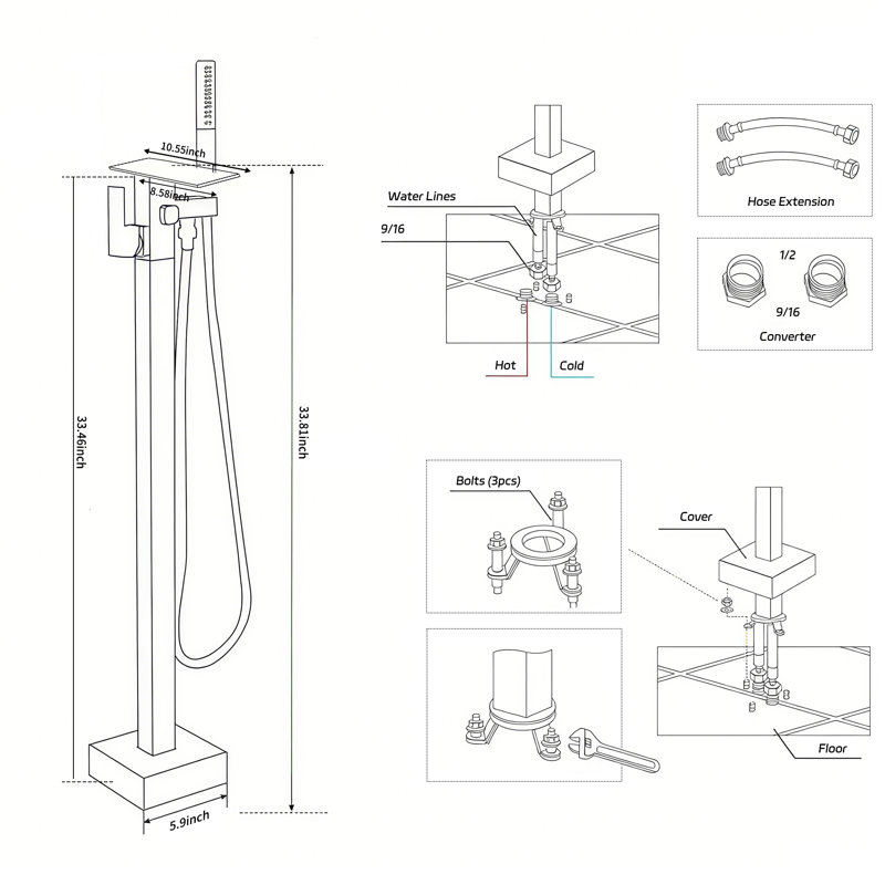 Tub Filler Freestanding Bathtub Faucet Brushed Nickel Floor Mount Tub Faucet Waterfall Free Standing Bathtub Filler High Flow Brass Bath Shower Faucets With Handheld Sprayer