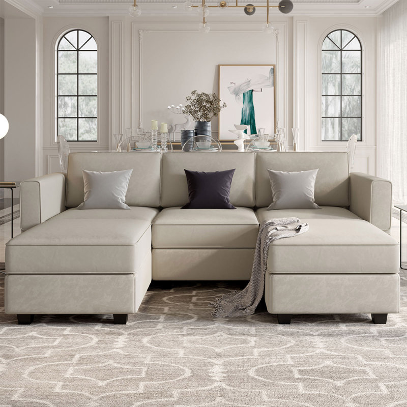 Alyciana U-Shaped Upholstered Sectional Couch Apartment Modular Sofa with Storage Ottoman, Gray Velvet