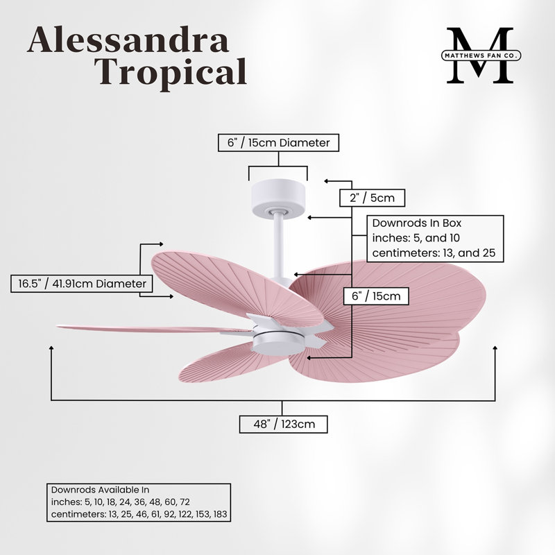 Alessandra - Ventilateur de plafond à cinq pales, Rose clair, Blanc mat
