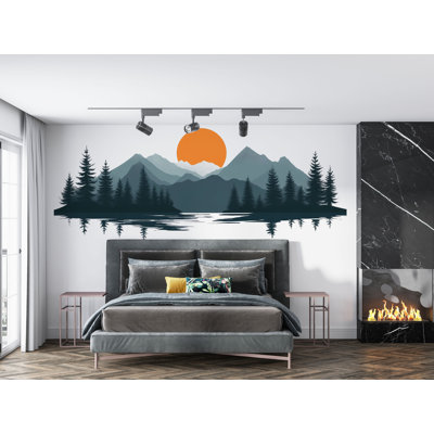 Mountain Lake Wall Decal, Nature Wall Sticker, Forest Mountain Mural, Living Room Wall Art, Sunset Landscape Decor, 530Mv