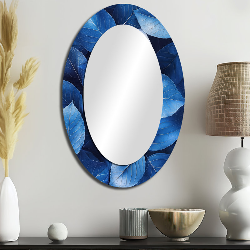 Periwinkle Leaves Of Blue Simplicity I - Miroir mural ovale tropical bleu, 36 po x 24 po