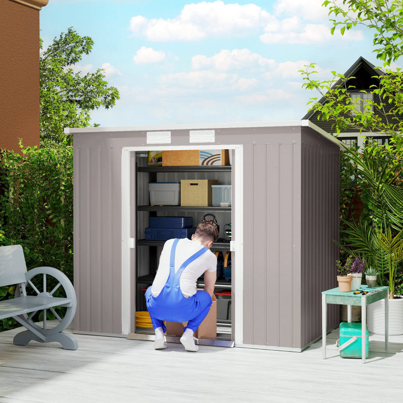 Outsunny 7 x 4ft Galvanised Steel Garden Shed, with Foundation Kit - Grey, Grey