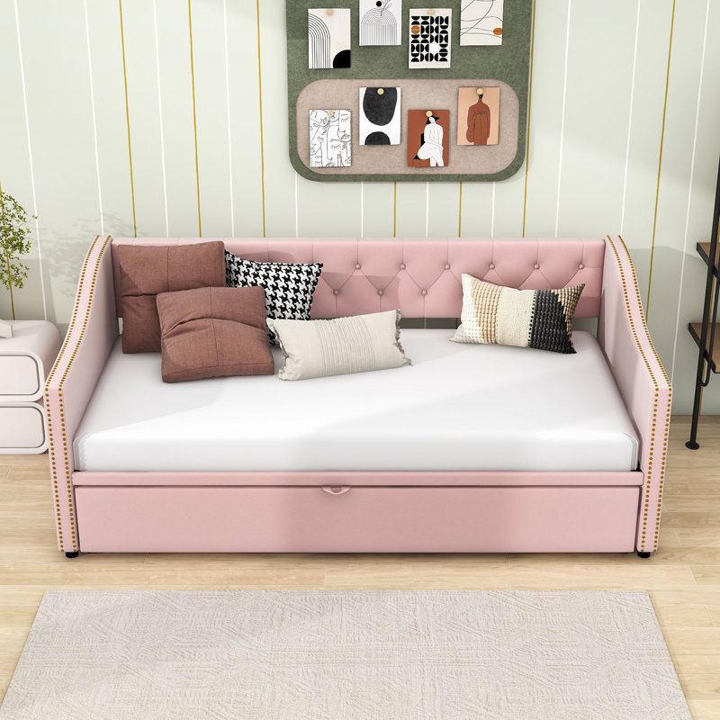 Twin Velvet Daybed with Pop-Up Twin Trundle, Pink
