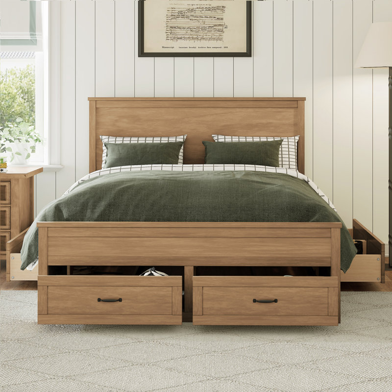 Structure de lit avec rangement moderne en bois avec 6 tiroirs, lit plateforme avec support en lattes de bois, Dérive en mer