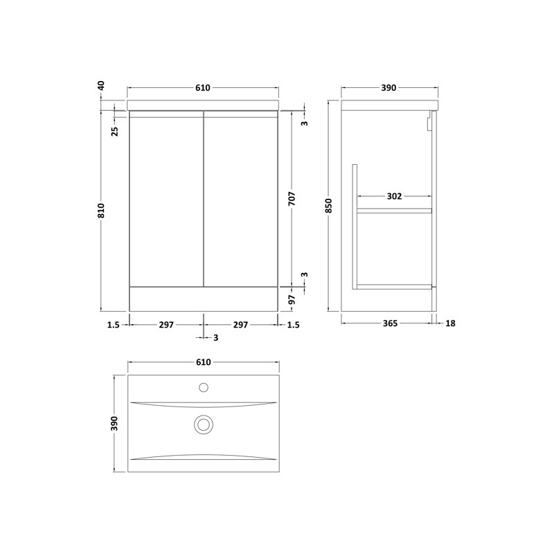 610mm Single Bathroom Vanity with Basin, Satin Anthracite