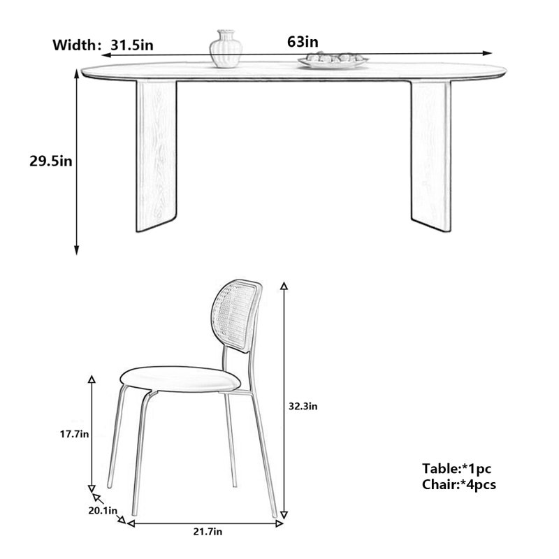 Table de salle à manger ovale avec pieds arqués, H 29,5 po x L 63 po x l 31,5 po