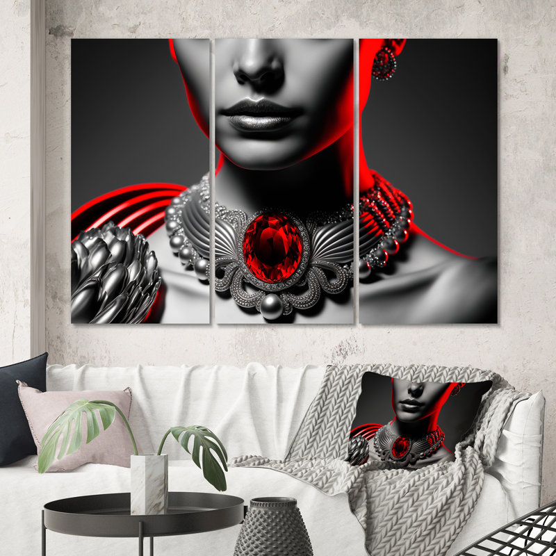 Portrait d'une femme glamour avec un rubis rouge - 3 pièces sur toile, H 28 po x l 36 po x P 1 po, Toile tendue