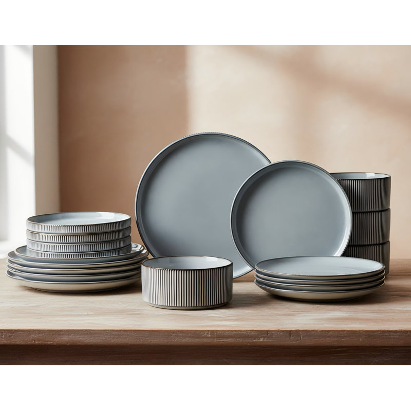 Service de table 12 pièces en grès nervuré 12 pièces pour 4 plats résistants aux ébréchures et aux rayures, allant au micro-ondes et au lave-vaisselle, gris mat