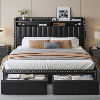 Francille Queen Size Upholstered Bed Frame with Rivet Decoration, 2 Underbed Drawers, 2-Tier Storage Headboard with Side Pockets, No Box Spring Needed