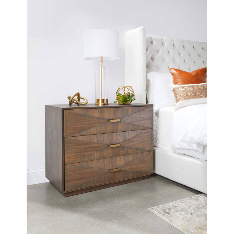 Burnished Brown Acacia Veneer Transitional 3-Drawer Nightstand
