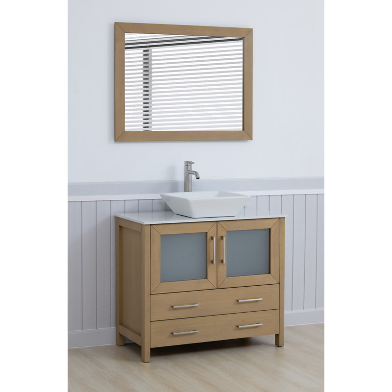 Ravenna 36" Freestanding Single Sink Bathroom Vanity with Engineered Marble Top and Matching Mirror, Natural Oak, 36" W