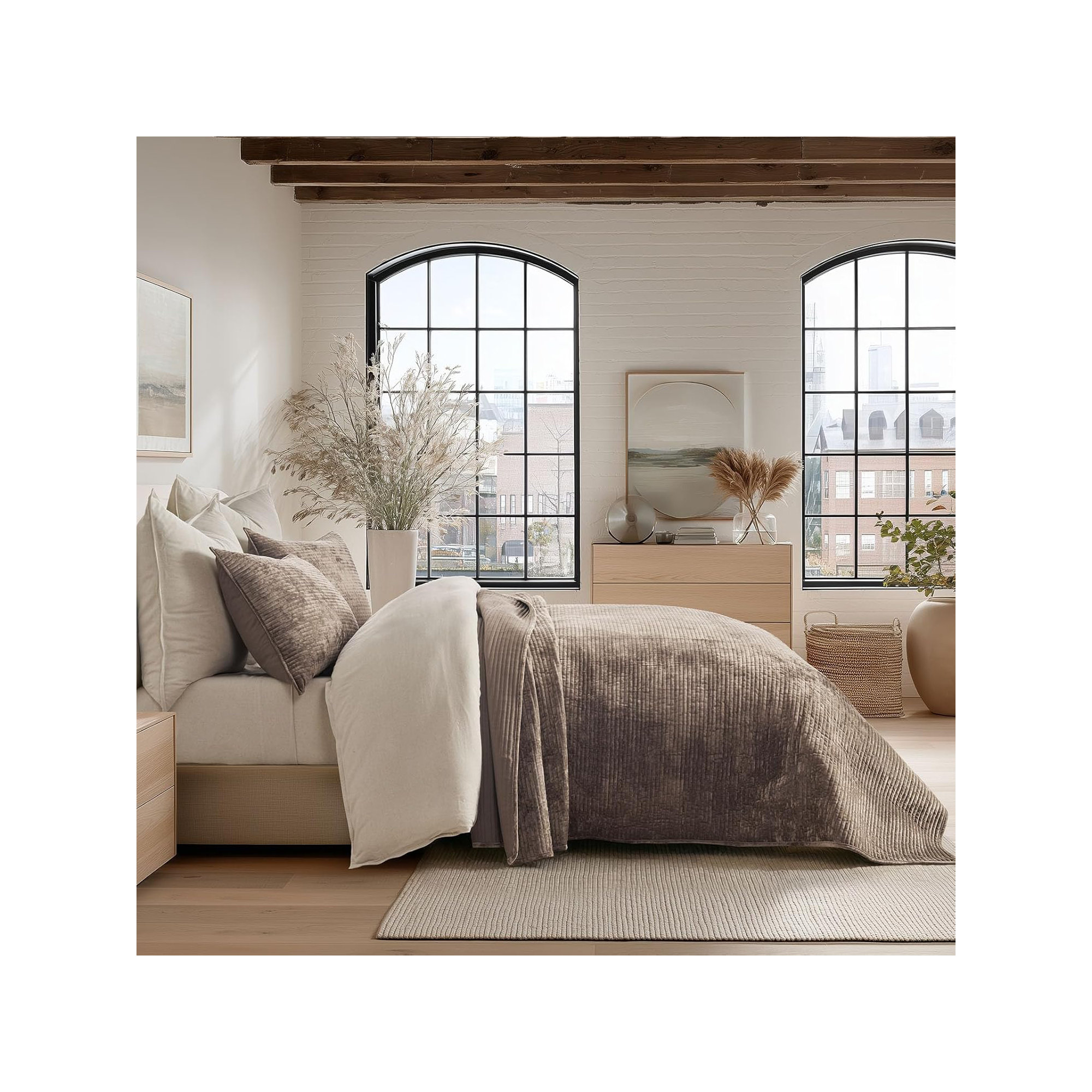 Striped Channel Velvet Quilt Set, Natural Tan, Queen