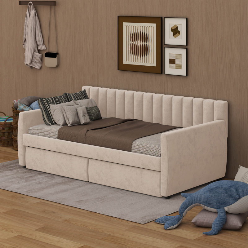 Lit de jour simple tapissier avec tiroirs, Beige