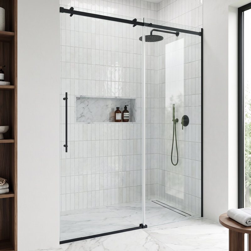 Luca 56-60" W x 79" H Sliding Frameless Shower Door with 3/8" Clear Glass, Matte Black