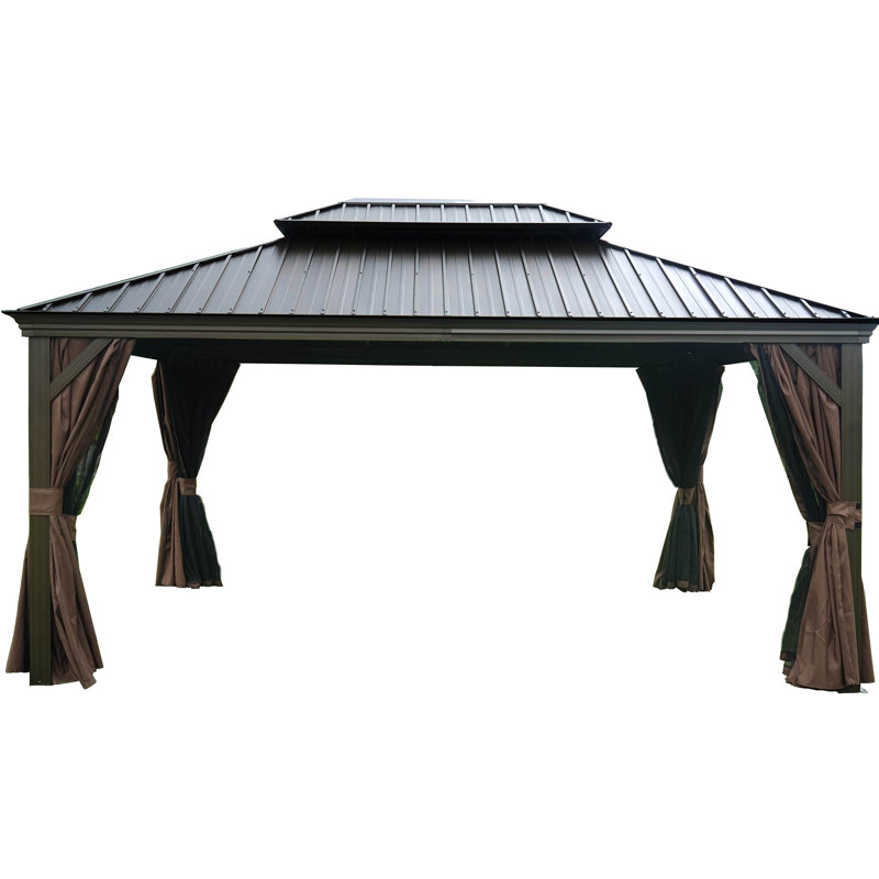 Kozyard Alexander 12' x 16' Brown Aluminum Hardtop Gazebo with Curtains