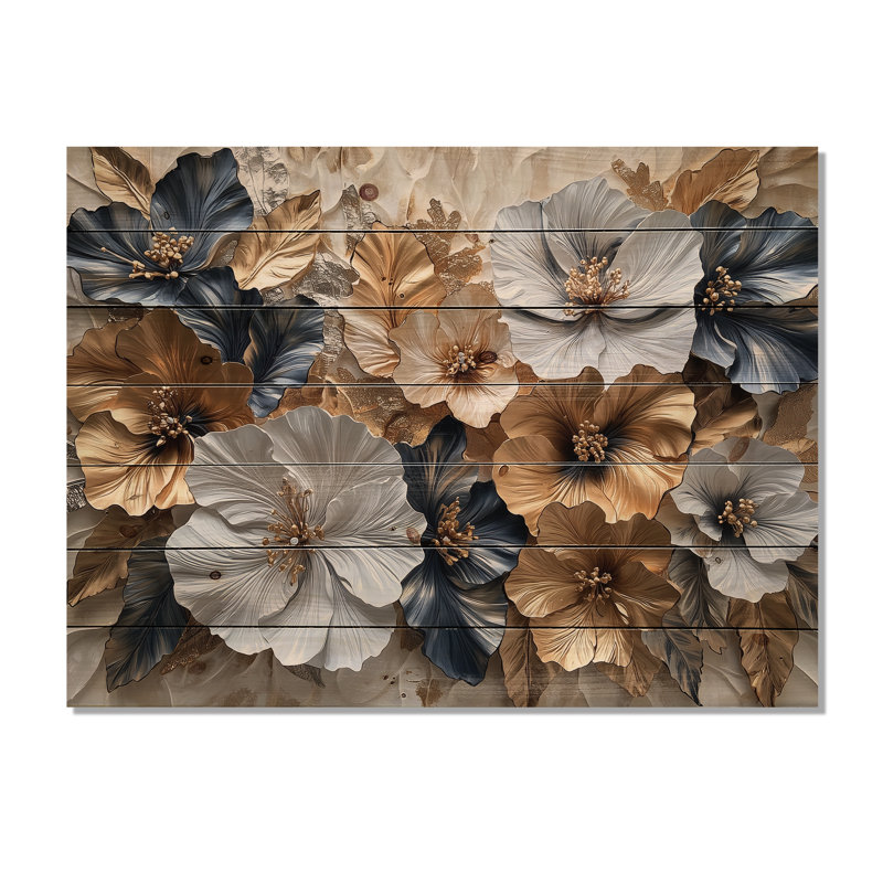 Hibiscus doré liquide Art Harmony I - décoration murale en bois d'hibiscus - sur bois de pin naturel, H 24 po x l 32 po