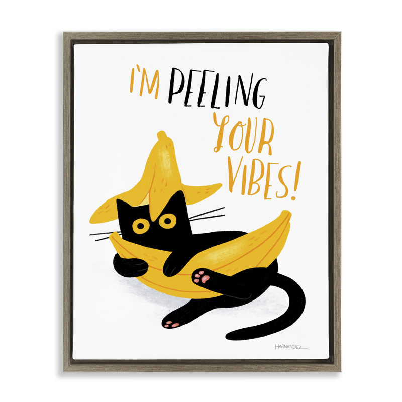 «Peeling Your Vibes Cat», art mural encadré par Floater, Cadre flottant orme Montalcino, H 21 po x l 17 po