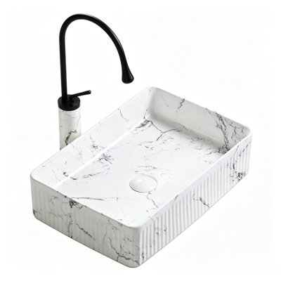 Topcraft 20X14 Inch Black Marble Pattern Rectangular Vessel Bathroom Ceramic Sink With Faucet